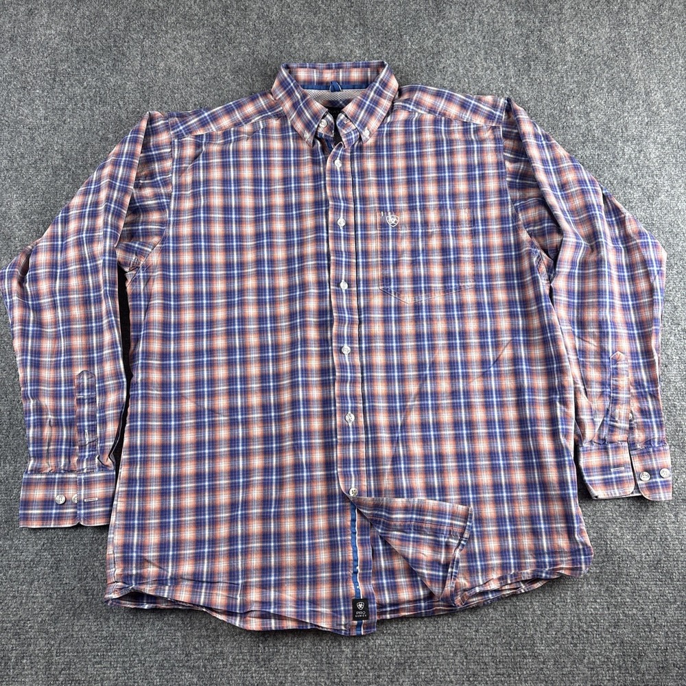 Ariat Pro Series Shirt Mens Large L Blue Orange Plaid Western Button Down
